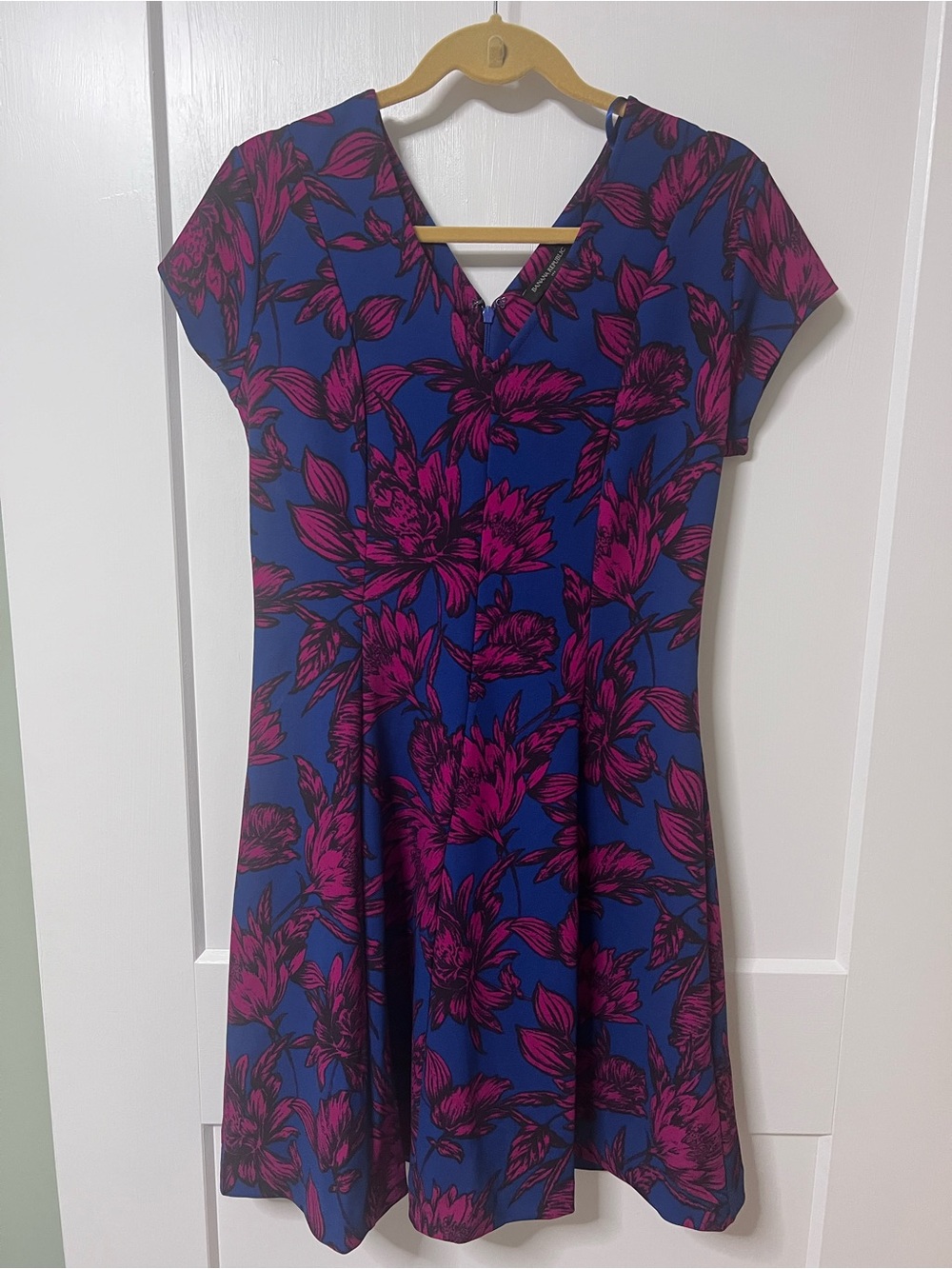 Banana Republic Women’s Blue Floral V-Neck Dress with Pink Print - Size 6